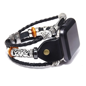 Correa retro de cuero trenzado para Apple Watch con cuentas de metal y estilo punk