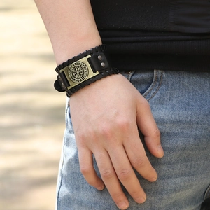 Men's vintage wide black braided leather bracelet with viking compass vegvisir charm