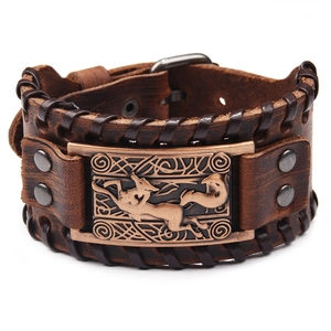 Retro Wide Leather Bracelet Punk Gothic Viking Valknut Wolf Head Design Alloy Plate Cuff Bracelet For Men Women Jewelry
