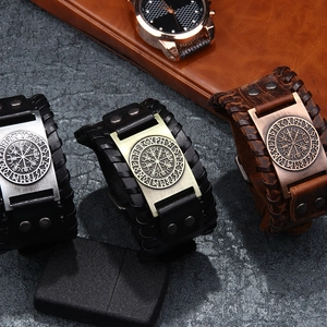 Vintage Viking Compass Wide Leather Bracelet Men's Punk Braided Leather Cuff With Metal Plate Adjustable Wristband Nordic Runic Jewelry
