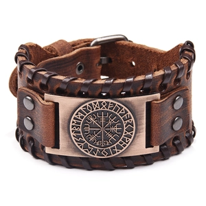 Brown leather punk bracelet featuring a bronze Viking compass and Nordic runes metal plate