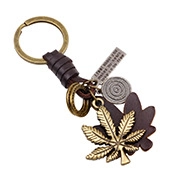 Detail of vintage bronze tree of life keychain with leather leaf and metal charms