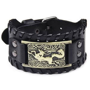 Retro wide black leather bracelet with bronze wolf totem and woven edges for punk style