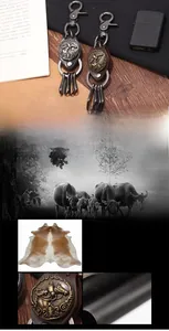 Macro detail of horse head metal emblem on premium head layer leather keychain