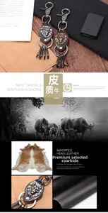 Detail of vintage lion head leather keychain made with premium top grain cowhide