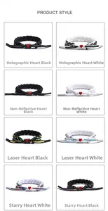 Detail showing various holographic and reflective braided shoelace bracelets in a grid layout