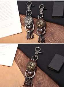 Detail of vintage metal horse head relief and leather keychain with multi-ring hooks