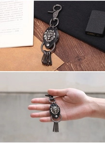 Macro detail of retro lion head keychain with leather base and zinc alloy rings
