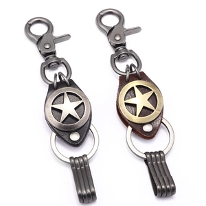 Porte-clés Vintage Punk Pentagramme en Cuir et Métal pour Hommes Femmes Vêtements de Travail Américains Pendentif Étoile en Alliage Anneau de Clé