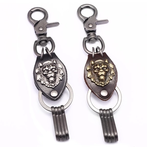 Vintage Lion Head Leather Keychain Handmade Woven Cord Zinc Alloy Metal Key Ring Retro Car Pendant Key Holder For Men