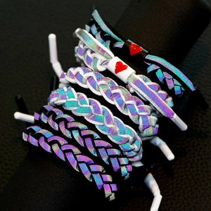 Holographic Reflective Shoelace Braided Bracelet Alloy Heart Adjustable Trendy Streetwear Hip Hop Wristband Fashion Jewelry Unisex Gift