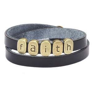 Bracelet Double Tour en Cuir Vintage Perles en Alliage Lettres Faith Tissé Rétro Unisexe Accessoire Mode Bijoux