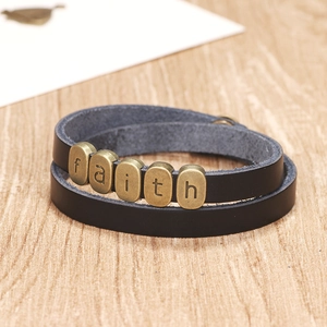Bracelet rétro en cuir tressé noir pour homme avec perles faith en bronze vintage