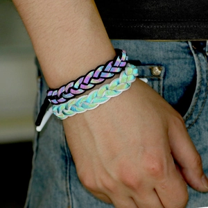 Pair of holographic reflective braided shoelace bracelets for couples with adjustable knot