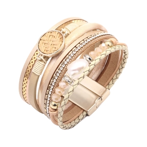 Bohemian multilayer wrap bracelet with rhinestones, champagne beads, and magnetic clasp