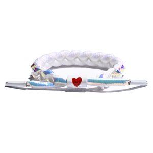 Holographic reflective white braided shoelace bracelet with a red heart adjustment buckle