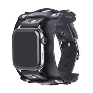 Genuine black leather cuff watch strap with silver studs for Apple Watch accessories