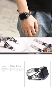 Détail du bracelet en cuir et acier inoxydable avec dimensions de 20,5 cm de long