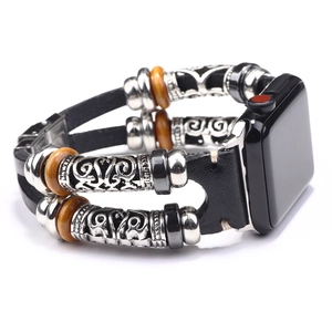 Bohemian style genuine black leather band for iWatch with retro wood beads and silver carvings
