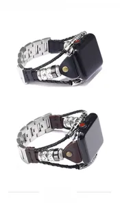Bracelets de montre en cuir tressé et acier inoxydable style punk noir et marron