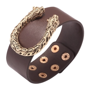 Vintage wide brown PU leather bracelet with double-headed beast buckle and adjustable studs
