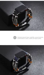 Genuine leather Apple Watch band with carved silver metal tubes and amber beads