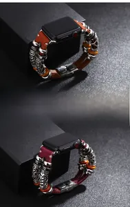 Retro genuine leather watch band with vintage metal beads and wooden charms in dual colors