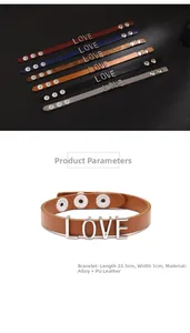 Detailed view of adjustable PU leather bracelet with LOVE alloy letters and 23.5cm size