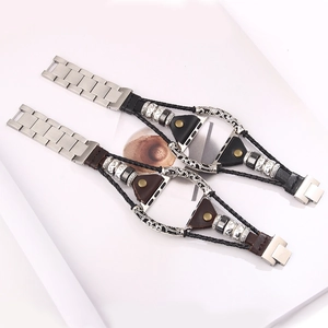 Bracelet de Montre en Cuir Véritable Tissé Bohème Rétro Avec Chaîne en Acier Inoxydable Bracelet Multi-couches pour Smartwatch Unisexe