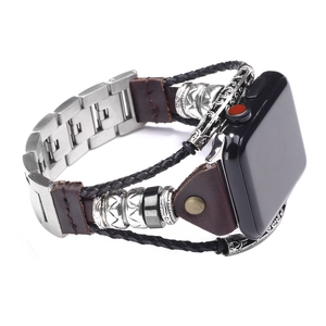 Bracelet rétro en acier inoxydable et cuir marron pour Apple Watch avec breloques punk