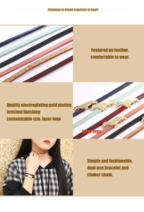 Macro detail of dachshund PU leather choker and bracelet with gold-plated metal clasp