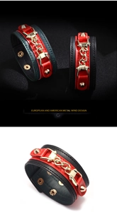 Detail view of adjustable PU leather punk bracelets with gold alloy chains and rivets
