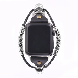 Bracelet pour Apple Watch style bohème en cuir tressé et tubes argentés gravés