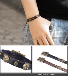 Detailansicht des Vintage-Lederarmbands mit Bronze-Tigerkopf und Nietendekor