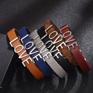 Set of six colorful PU leather bracelets with silver metal LOVE letter charms for women