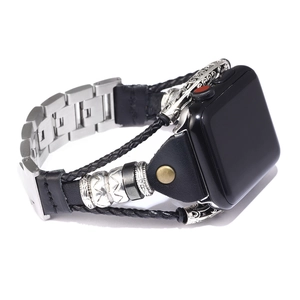 Bracelet bohème multicouche en cuir noir pour Apple Watch avec breloques en métal argenté
