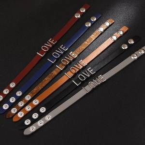 Set of 6 colorful PU leather bracelets with silver metal LOVE letters and adjustable snaps