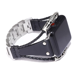 Bracelet vintage en cuir noir et métal argenté pour Apple Watch avec gravure ornée