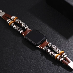 Bohemian genuine leather strap for Apple Watch with vintage beads and wooden accents