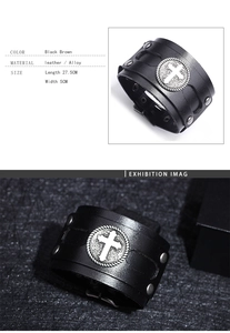 Detail showing the 27.5cm length and cross emblem on this punk wide leather wristband