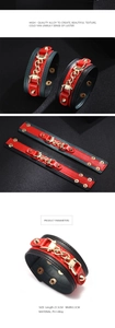 Detail view of punk style PU leather bracelet with gold alloy chains and rivet studs
