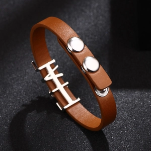 Brown leather bracelet with silver H-shaped metal buckle and lychee texture