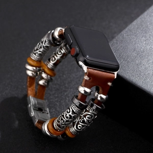 Retro multi-layer brown leather Apple Watch strap with carved metal beads and charms