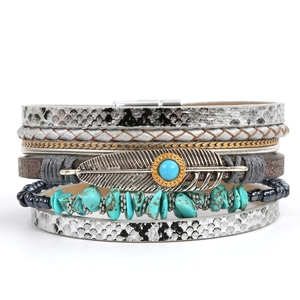 Multilayer leather bracelet with silver snake print, metal feather and turquoise stones