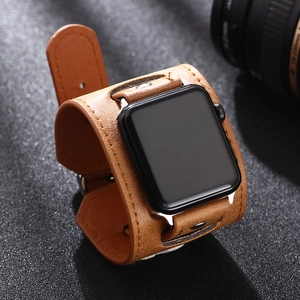 Retro Wide Cuff Smartwatch Band Handmade Artificial Leather Strap With Alloy Connector Stainless Steel Pin Replacement Wristband