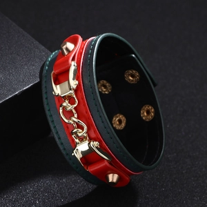 Punk style red and black leather wide cuff bracelet with gold chain and studs