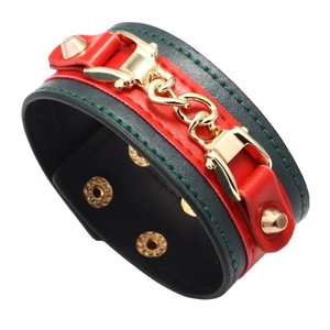 Chic wide PU leather bracelet with red and green stripes and gold chain hardware