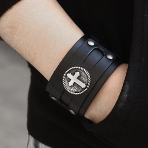 Men's punk style black genuine leather wide wristband with silver cross metal emblem