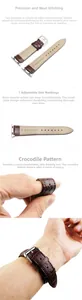 Bracelet en cuir crocodile marron avec coutures fines et boucle argentée pour montre