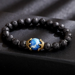 Bracelet Perlé Punk pour Hommes en Oeil de Tigre Pierre de Lave Naturelle Lapiz Lazuli Avec Charme Couronne en Alliage Bijoux Yoga
